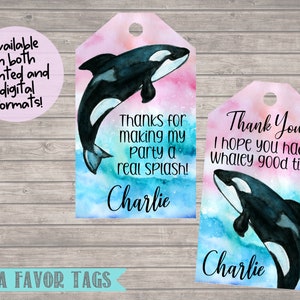 Orca Favor Tags- Orca Thank You Tags- Orca Birthday Party-Orca Favors-Girl Orca Birthday Favor Tags-Personalized- You Print or We Print