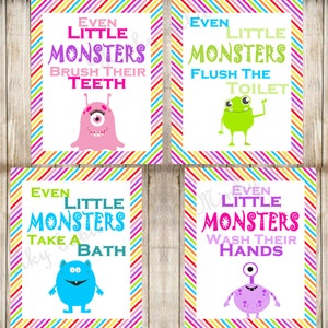 Kids Bathroom Digital Wall Art- Bathroom Rules- Monsters Theme- Unisex Bathroom Wall Prints- Four 8x10 JPEG Instant Download Files