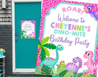 Girl Dinosaur Welcome Sign- Girl Dinosaur Birthday Party Sign- Digital- Personalized with Name