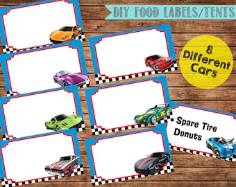 Race Cars Blank Food Tent Cards Labels- Blank Place Cards- Race Car Birthday Party Labels- Digital- Instant Download