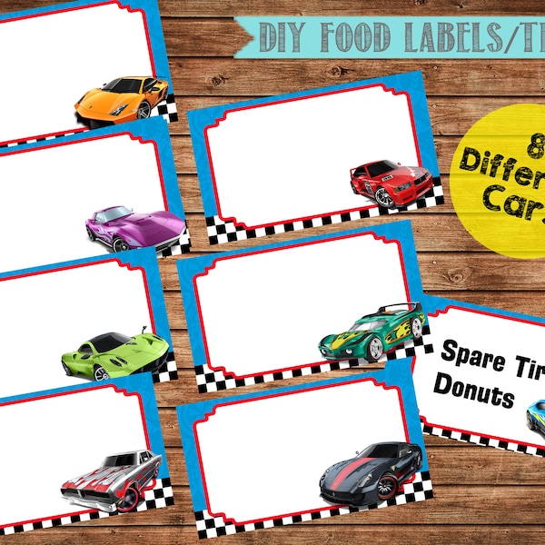 Race Cars Blank Food Tent Cards Labels- Blank Place Cards- Race Car Birthday Party Labels- Digital- Instant Download