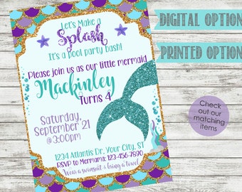 Mermaid Birthday Invitation-Mermaid Invitation-Mermaid Party-Digital File- You Print