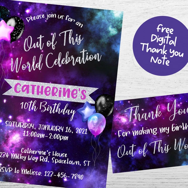 Galaxy Birthday Party Invitation- Galaxy Invitation- Girl Galaxy Birthday-Digital File- Emailed- You Print