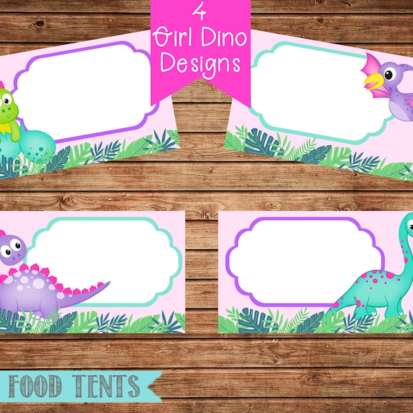 Girl Dinosaur Blank Food Tent Cards Labels- Blank Place Cards- Girl Dinosaur Birthday Party- Digital- Instant Download