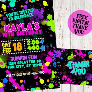 Neon Birthday Party Invitation- Girl Neon Glow Birthday Invitation- Neon Splatter Invitation-Digital File-Free Thank You Note-You Print