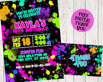 Neon Birthday Party Invitation- Girl Neon Glow Birthday Invitation- Neon Splatter Invitation-Digital File-Free Thank You Note-You Print