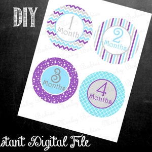 Digital Baby Monthly Milestone Stickers- DIY Printable-Purple/Aqua-JPEG w/ 16 Stickers-Just Born, Weeks 1,2,3 & Months 1-12-Instant Download