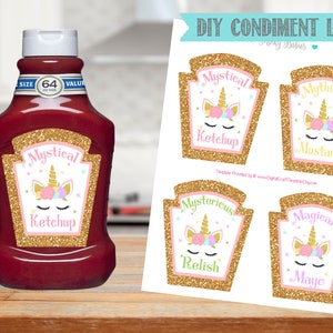 Unicorn Condiment Bottle Labels- For 2 Size Bottles-Unicorn Birthday- Instant Download-Digital File
