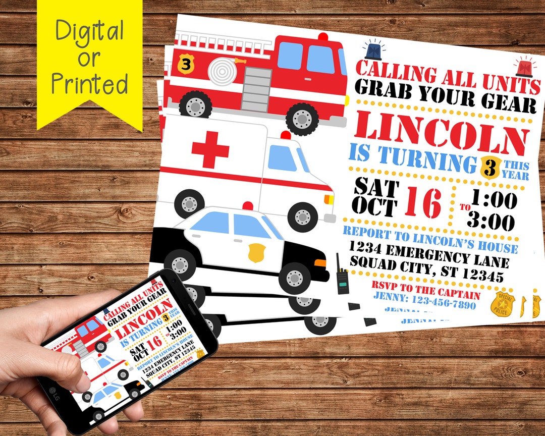 Emergency Vehicles Birthday Invitation Emergency Vehicles Invitation