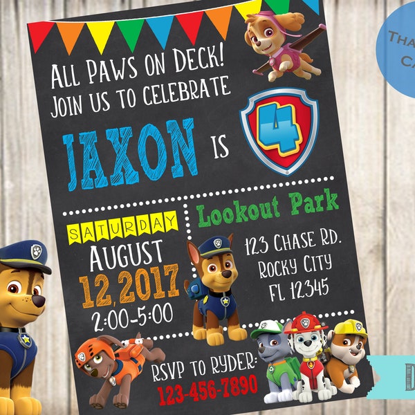 Paw Patrol Invitation- Paw Patrol Birthday-Digital File-You Print or We Print