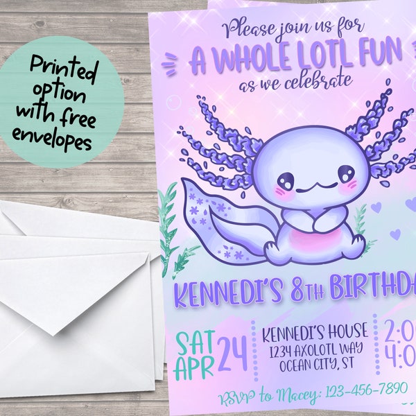 Axolotl Birthday Invitation- Axolotl Invitation- Axolotl Birthday-Girl Axolotl Invitation-Printed and Mailed with Envelopes- We Print