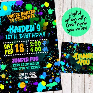 Neon Birthday Party Invitation- Boy Neon Glow Birthday Invitation- Neon Splatter Invitation-Digital File-Free Thank You Note-You Print