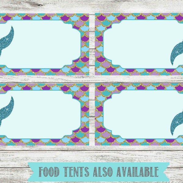 Mermaid Blank Food Tent Cards Labels- Blank Place Cards- Mermaid Birthday Party- Digital- Instant Download