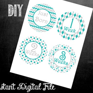 Digital Baby Monthly Milestone Stickers- DIY Printable-Teal/Gray-JPEG w/ 16 Stickers-Just Born, Weeks 1,2,3 & Months 1-12-Instant Download
