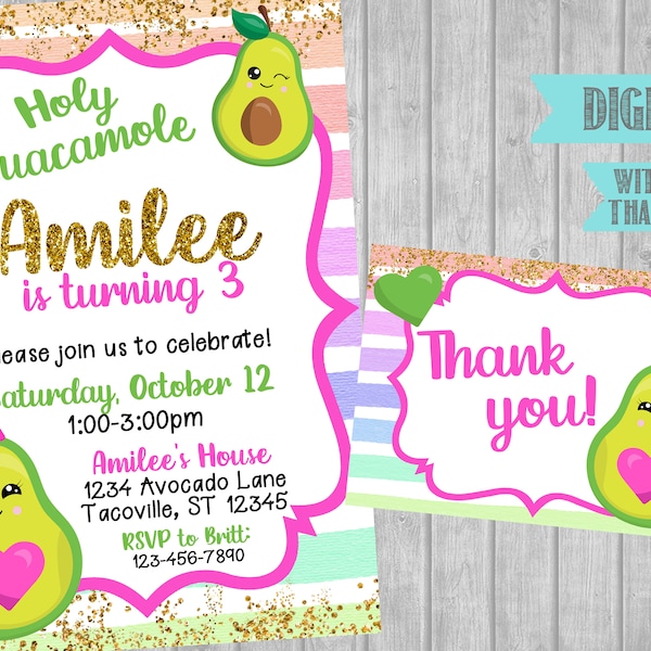 Avocado Birthday Party Invitation- Avocado Invitation-Avocado Birthday- Digital File-You Print Version