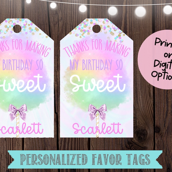 Cotton Candy Favor Tags-Cotton Candy Thank You Tags-Cotton Candy Birthday Party-Sweet Celebration Favors-Personalized-You Print or We Print