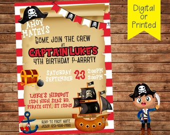 Pirate Birthday Party Invitation- Pirate Invitation-Pirate Birthday-Digital File or Printed and Mailed-You Print or We Print