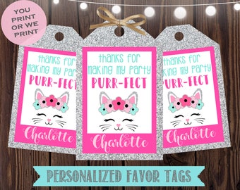 Kitten Favor Tags- kitty Cat Thank You Tags- Kitten Birthday Party-Personalized- You Print or We Print