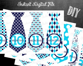 Digital Baby Monthly Milestone Stickers- DIY Printable-Boys Ties-JPEG w/ 16 Stickers-Just Born, Weeks 1,2,3 & Months 1-12-Instant Download