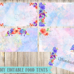 Watercolor Floral Blank Food Tent Cards Labels- Blank Place Cards-Editable-Digital-Instant Download