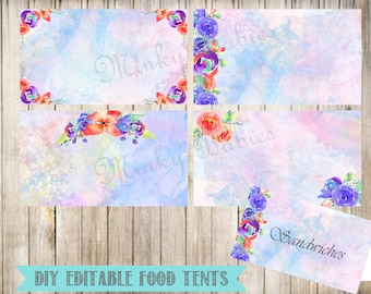 Watercolor Floral Blank Food Tent Cards Labels- Blank Place Cards-Editable-Digital-Instant Download