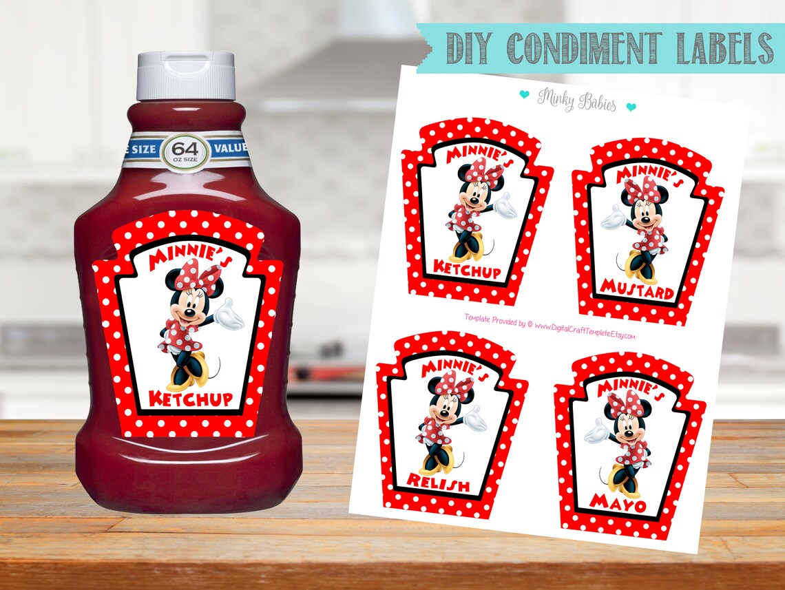 Minnie Condiment Bottle Labelsredminnie Mouse Birthday Etsy