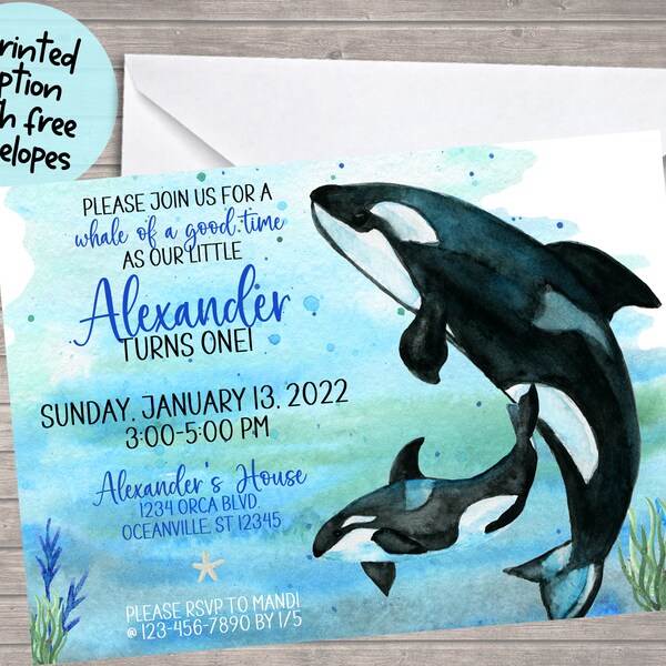 Orca Birthday Invitation- Orca Invitation- Orca Birthday-Orca Baby Shower Invitation-Printed and Mailed Invitations with Envelopes- We Print