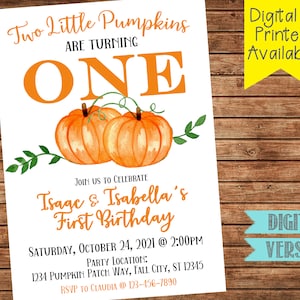 Pumpkins Twins Birthday Party Invitation-Twins First Birthday Invitation-Pumpkin First Birthday-Digital File-You Print or We Print