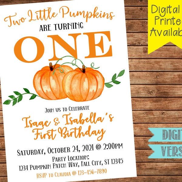 Pumpkins Twins Birthday Party Invitation-Twins First Birthday Invitation-Pumpkin First Birthday-Digital File-You Print or We Print