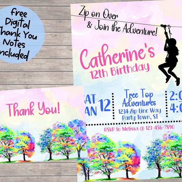 Tree Course Birthday Party Invitation- Rope Course Invitation- Girl Adventure Birthday-Zipline Party - You Print- Digital Emailed File