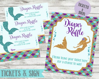 May include: A mermaid-themed diaper raffle sign with a gold glitter mermaid silhouette and purple and teal scales. The sign says "Diaper Raffle" and "Please leave your ticket here for a chance to win!"