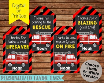 Fire Truck Favor Tags- Fire Engine Thank You Tags- Fire Truck Birthday Party- Firefighter Birthday- Personalized- You Print or We Print