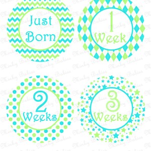 Digital Baby Monthly Milestone Stickers- DIY Printable-Aqua/Lime-JPEG w/ 16 Stickers-Just Born, Weeks 1,2,3 & Months 1-12-Instant Download