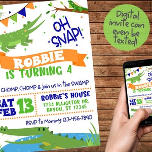 Alligator Birthday Invitation- Alligator Invitation- Alligator Birthday-Crocodile Invitation- Digital File-You Print- Digital File