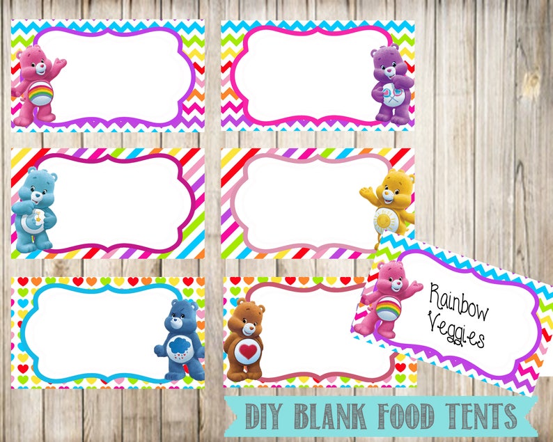 Digital Instant Download Blank Place Cards Care Bears Blank Food Tent Cards Labels Care Bears Birthday Party Labels