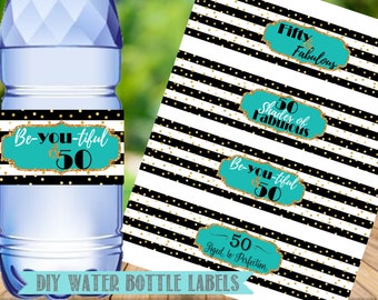 50th Birthday Water Bottle Labels- Aqua- Digital-Instant Download