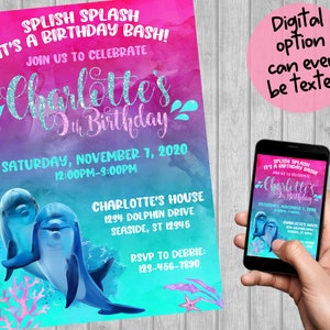 Dolphin Birthday Party Invitation- Dolphin Invitation- Dolphin Birthday-Digital File-You Print