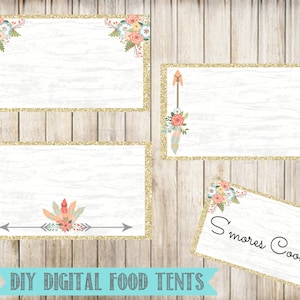 Tribal Floral Blank Food Tent Cards Labels- Blank Place Cards- Wild One First Birthday Party- Digital- Instant Download