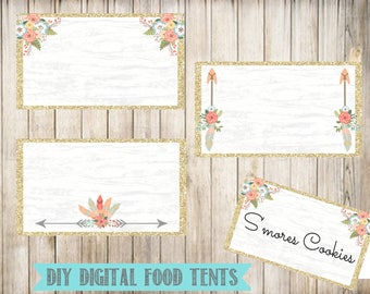 Tribal Floral Blank Food Tent Cards Labels- Blank Place Cards- Wild One First Birthday Party- Digital- Instant Download