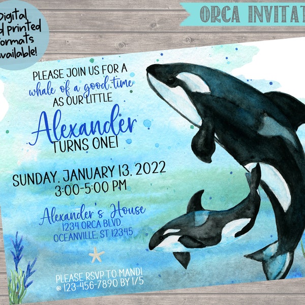 Orca Birthday Party Invitation- Orca Invitation- Orca Birthday-Orca Baby Shower Invitation-Digital File-You Print