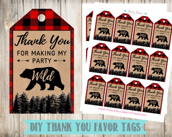 Wild One Favor Tags- Bear Thank You Tags-Red Plaid Party- Lumberjack Birthday-Instant Download-Digital File