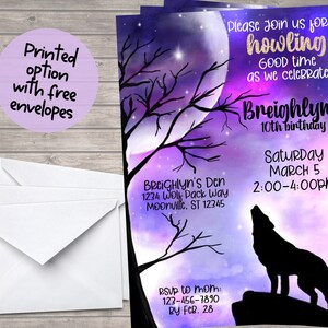 Wolf Birthday Party Invitation-Wolf Birthday-Howling Wolf Invitation- Girls Wolf Invitation-Printed and Mailed with Envelopes- We Print