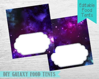 May include: Two DIY galaxy food tents with a vibrant purple, pink, and blue space design. Each tent features a white, scalloped label outlined in silver. The text "Editable Food Tents" and "DIY Galaxy Food Tents" are also visible.