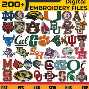 May include: A collection of over 200 digital embroidery files featuring various collegiate and sports team logos, mascots, and letter designs in diverse colours. The image includes text reading 200+ Digital Embroidery Files and file formats DST, PES, XXX, SEW, HUS, EXP.