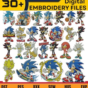 Könnte beinhalten: Eine Sammlung von über 30 digitalen Stickdateien mit verschiedenen Sonic the Hedgehog-Charakteren wie Sonic, Tails, Shadow, Knuckles und Silver in dynamischen Posen. Der Text 30+ Digital Embroidery Files sowie die Dateiformate DST, PES, XXX, SEW, HUS, EXP sind sichtbar.