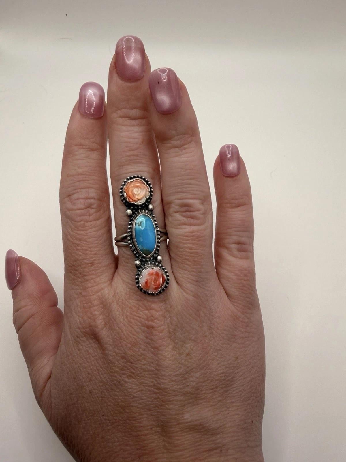 Sheila Tso S.Tso ナバホ ターコイズ サンゴスターリングリング Sheila Tso - Etsy
