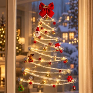 Christmas Window Tree Light Kit, DIY Pearl Garland or Globe Lights with Ornament Options, Wall and Glass Decor