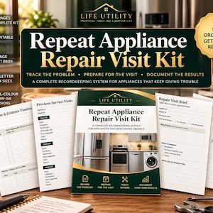May include: A printable Repeat Appliance Repair Visit Kit featuring a 13-page recordkeeping system. The kit includes forms for tracking symptoms, previous service visits, repair briefs, and after-visit records for household appliances.