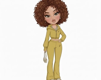 May include: A digital illustration of a character with voluminous brown curly hair, wearing a mustard yellow cropped zip-up hoodie and matching flared pants. The character wears a silver chain necklace, carries a small beige handbag, and white platform sandals.