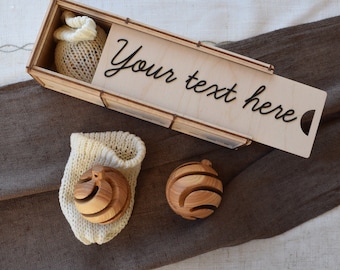 ASH Personalized Christmas season rustic decor gift of turned wood hanging ball bulb ornaments with storage box by AstikBlooms
